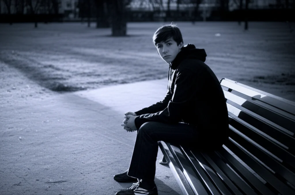 Primo piano su un adolescente seduto da solo su una panchina in un parco urbano, sguardo perso nel vuoto, luce soffusa del tardo pomeriggio, obiettivo 35mm, bianco e nero con toni grigi e blu (duotone), profondità di campo ridotta per isolare il soggetto e creare un'atmosfera malinconica.