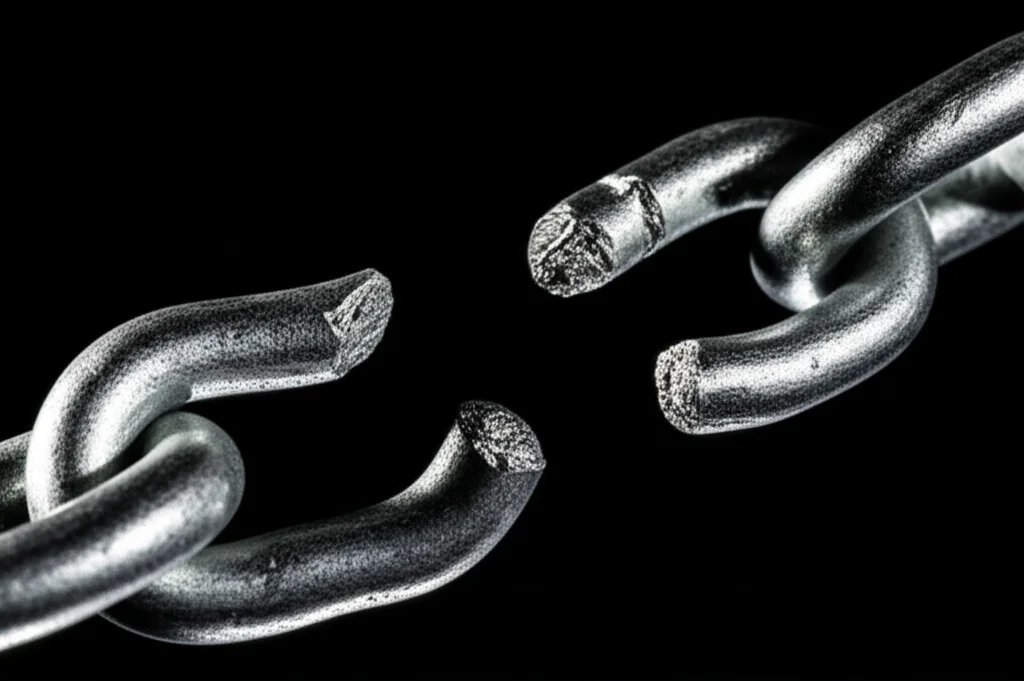 Immagine simbolica: una catena spezzata le cui maglie rappresentano il maltrattamento, la depressione e l'autolesionismo. Illuminazione drammatica e controllata, obiettivo macro 100mm per catturare i dettagli della texture metallica e della rottura, alta definizione.