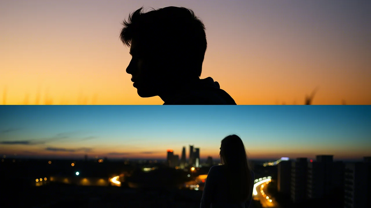 Fotografia divisa orizzontalmente: sopra, una silhouette di un adolescente maschio in un contesto rurale al tramonto; sotto, una silhouette di un'adolescente femmina in un contesto urbano notturno illuminato dalle luci della città. Obiettivo 24mm, stile cinematografico, per enfatizzare il contrasto tra i due ambienti e generi.