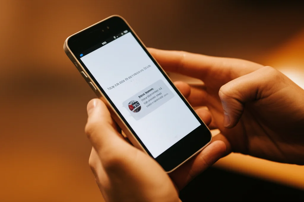 Primo piano delle mani di un adolescente che tengono uno smartphone. Sullo schermo è visibile la notifica di un messaggio SMS con un testo semplice di promemoria. Obiettivo macro 100mm, alta definizione dei dettagli dello schermo e delle dita, illuminazione laterale controllata per creare un leggero contrasto.