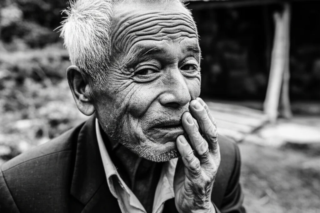 Ritratto fotografico di un uomo anziano nepalese con un'espressione preoccupata mentre si tocca la guancia, suggerendo dolore dentale. Ambientato all'aperto nel contesto rurale di Jiri. Obiettivo 35mm, luce naturale, bianco e nero per enfatizzare l'emozione, profondità di campo media.