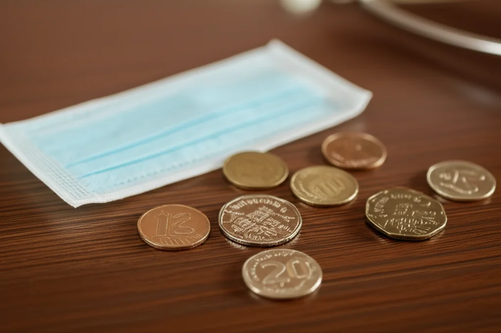 Fotografia macro di alcune monete nepalesi sparse su un tavolo di legno grezzo, accanto a un modulo medico vuoto. Obiettivo macro 60mm, illuminazione controllata per evidenziare la texture delle monete e della carta, messa a fuoco precisa sul concetto di costo delle cure.