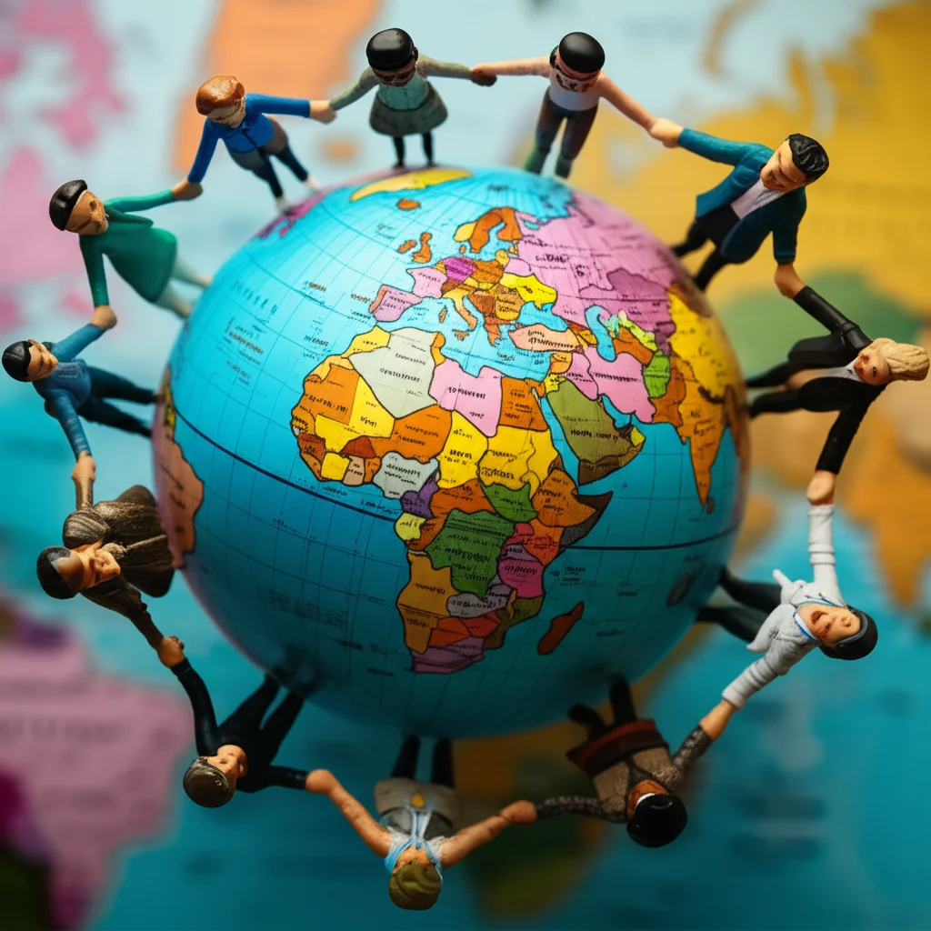 Fotografia grandangolare di un globo terrestre stilizzato con persone di diverse etnie che si tengono per mano intorno ad esso, sfondo sfocato con mappe del mondo, obiettivo 24mm, colori vivaci, messa a fuoco nitida.