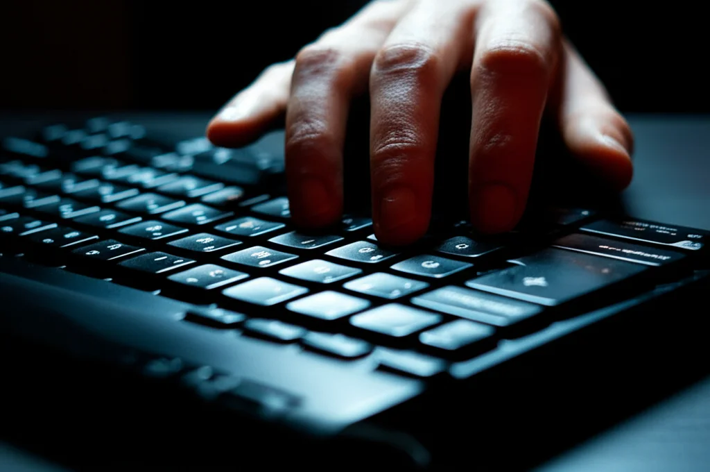 Primo piano macro di una mano che digita su una tastiera luminosa al buio, simboleggiando il lavoro online e l'anonimato digitale, obiettivo macro 85mm, illuminazione controllata, alta definizione.
