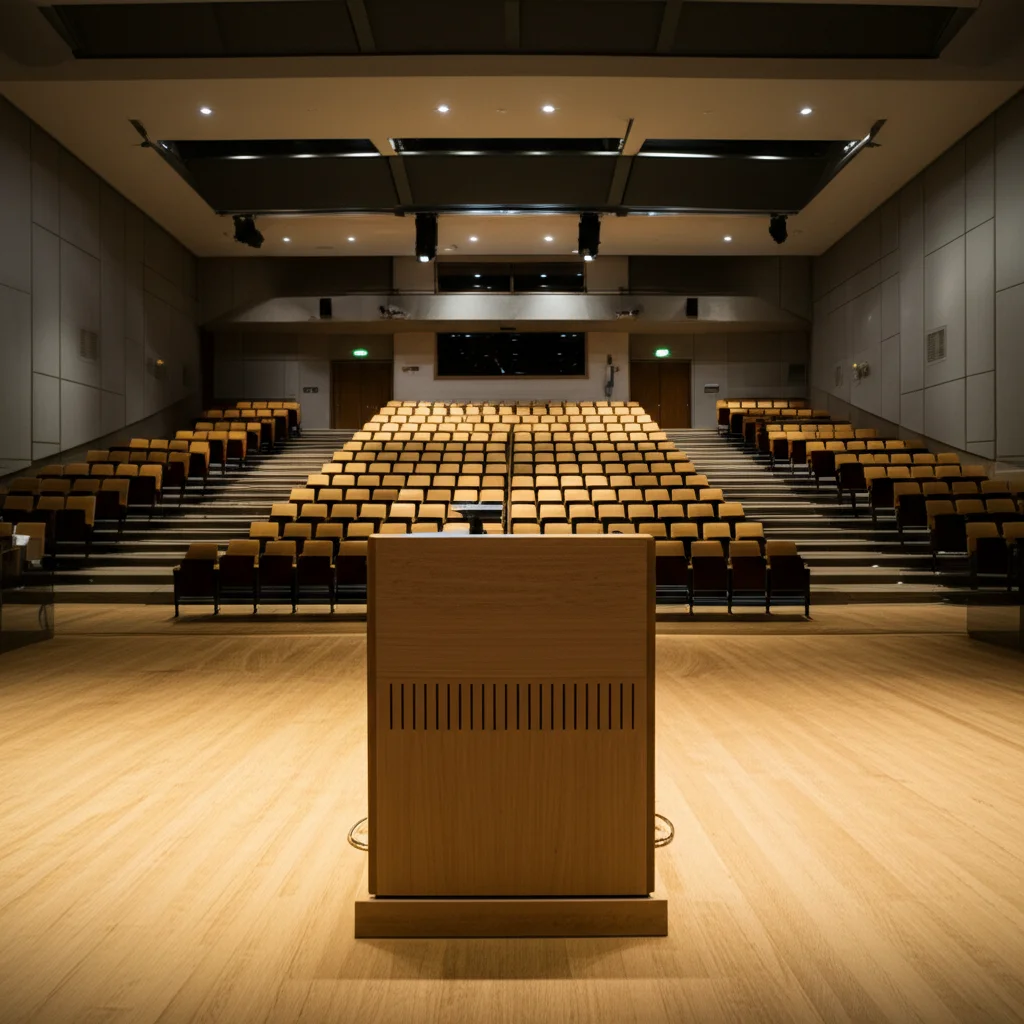 Fotografia grandangolare di un'aula magna o sala conferenze vuota ma illuminata, vista dal podio, simboleggiando il bisogno di dialogo e ascolto politico, obiettivo grandangolare 15mm, messa a fuoco nitida.