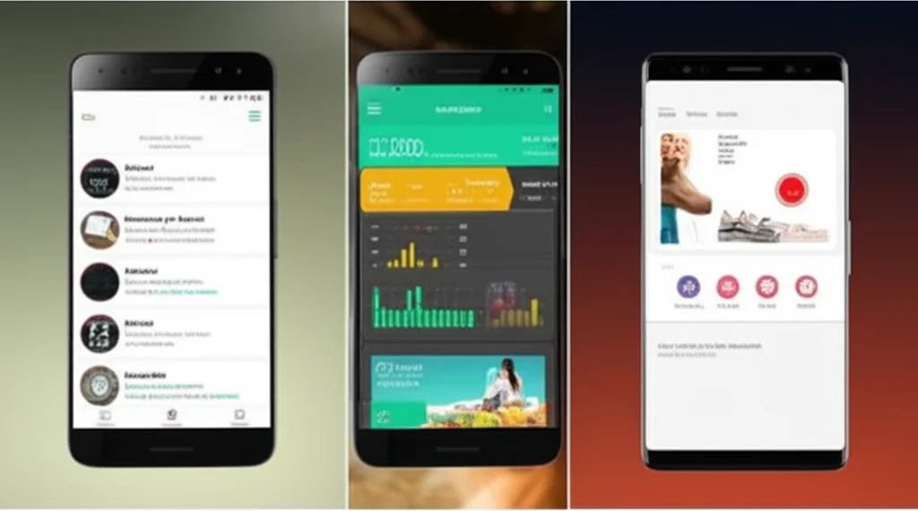 Un collage di schermate di diverse app per la salute su smartphone e tablet, che mostrano grafici di attività fisica, promemoria per farmaci e interfacce per il monitoraggio dei sintomi. Obiettivo macro 60mm, alta definizione, illuminazione controllata per evidenziare i dettagli delle interfacce utente.