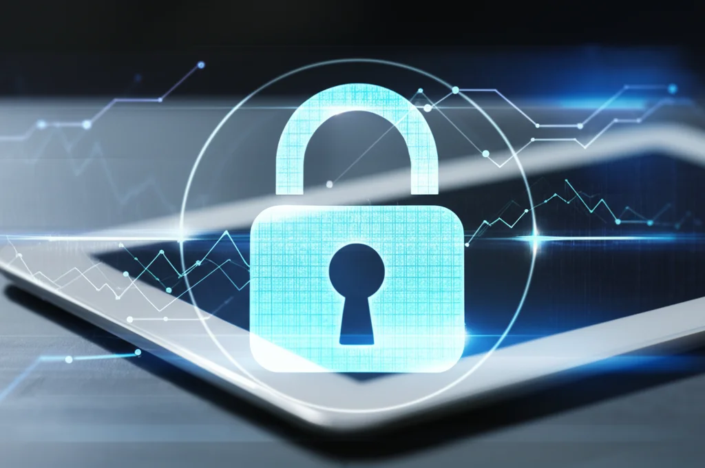 Primo piano di uno schermo di tablet che mostra grafici di dati sanitari con un lucchetto sovrapposto digitalmente, simboleggiando la privacy e la sicurezza dei dati medici. Obiettivo macro 100mm, messa a fuoco precisa sui dettagli dello schermo e del lucchetto, illuminazione controllata.