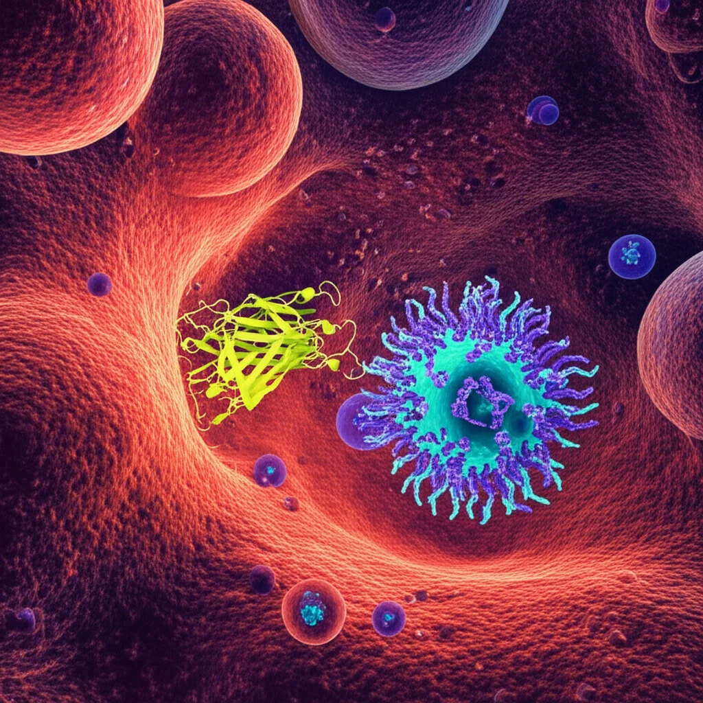 Illustrazione 3D fotorealistica di una proteina PWWP3A che si sposta dal nucleo di una cellula verso un mitocondrio durante un'infezione virale. Illuminazione drammatica che evidenzia il percorso, dettagli molecolari visibili, stile cinematografico.