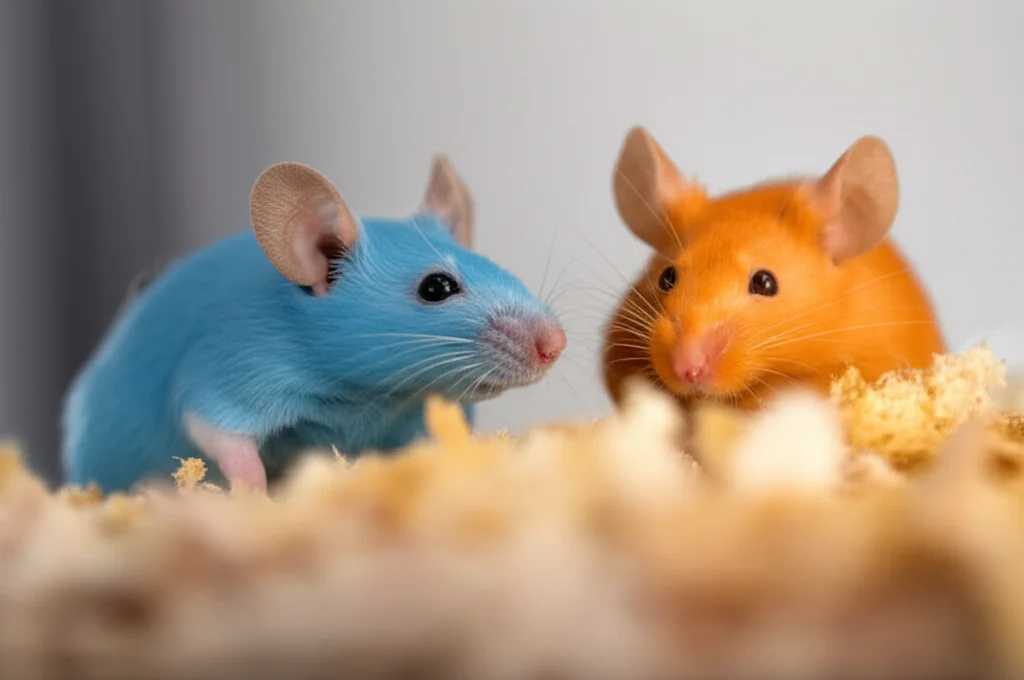 Fotografia di topi da laboratorio (Pwwp3a+/+ blu e Pwwp3a-/- arancione) in un ambiente controllato. Teleobiettivo zoom 100mm, messa a fuoco precisa sui topi, sfondo leggermente sfocato per enfatizzare i soggetti dello studio in vivo.