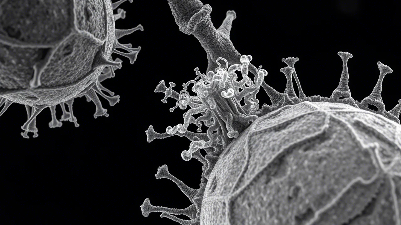 Micrografia elettronica a trasmissione ad alta risoluzione che mostra l'aggregazione della proteina VISA sulla membrana esterna di un mitocondrio durante un'infezione virale, con dettagli ultrastrutturali.