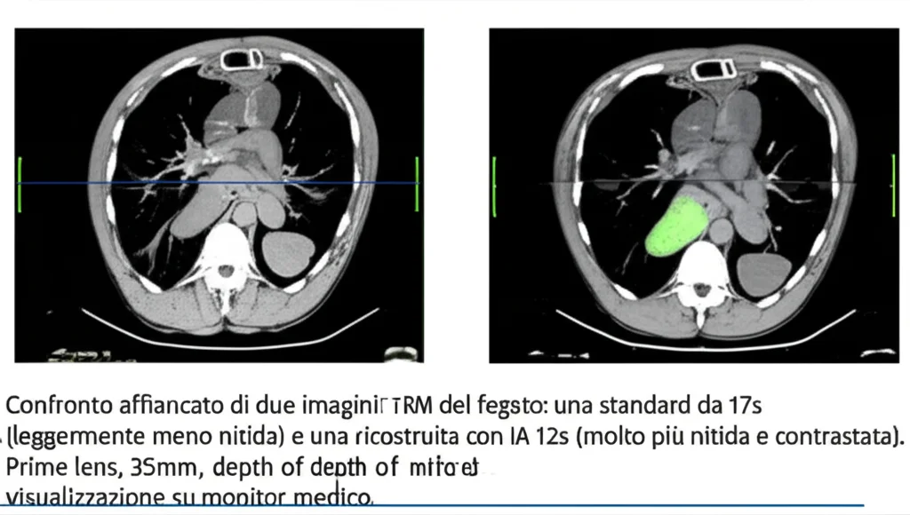Confronto affiancato di due immagini RM del fegato: una standard da 17s (leggermente meno nitida) e una ricostruita con IA da 12s (molto più nitida e contrastata). Prime lens, 35mm, depth of field, visualizzazione su monitor medico.