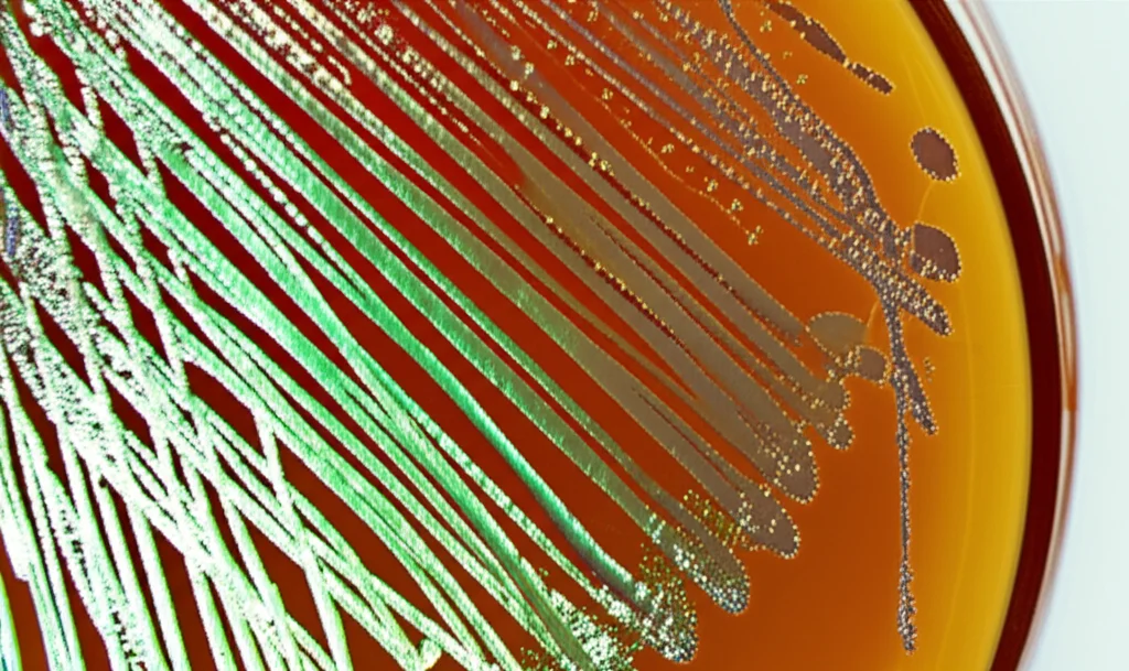 Microfotografia di colonie di Pasteurella multocida su piastra di agar sangue, lente macro 90mm, alta definizione, illuminazione controllata da laboratorio, focus preciso sulle colonie iridescenti.