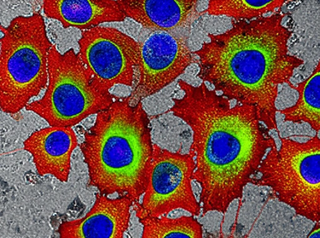 Immagine macro ad alta definizione di cellule T CD8+ umane visualizzate al microscopio elettronico, alcune con marcatori di superficie CD27 e CD28 visibili (colorati artificialmente in verde) e altre prive di essi (colorate in rosso), evidenziando la sottopopolazione DN-Tem. Illuminazione controllata, obiettivo macro 100mm, messa a fuoco precisa sulle membrane cellulari.