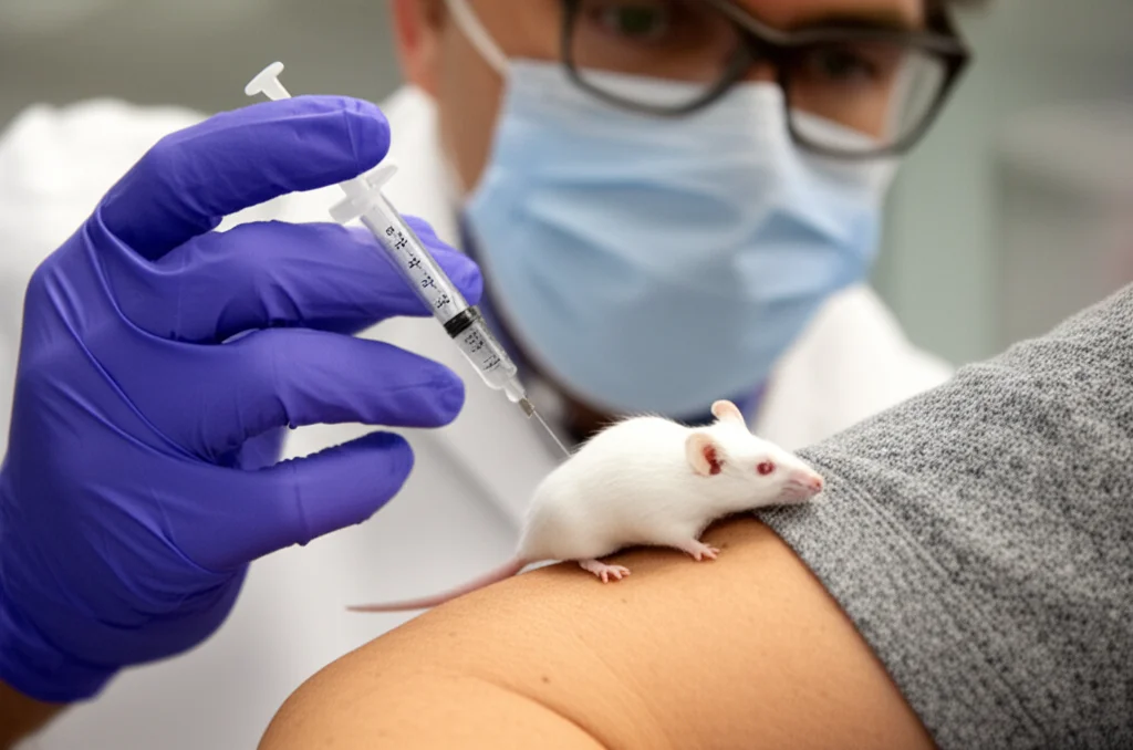 Ricercatore in camice bianco che somministra con cura un vaccino a un topo da laboratorio bianco (Swiss albino) tramite iniezione sottocutanea, primo piano, obiettivo prime 50mm, profondità di campo ridotta, illuminazione da laboratorio.