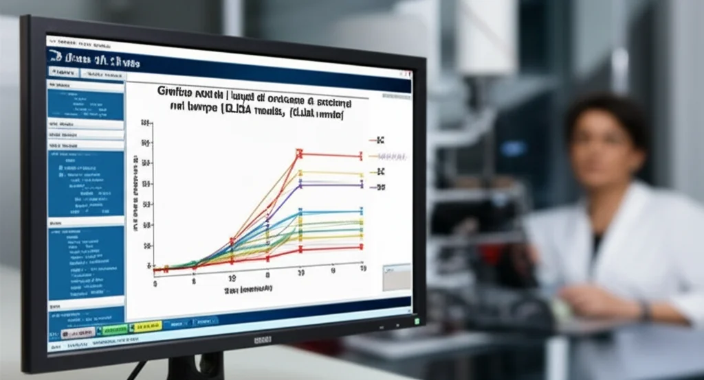 Grafico scientifico su schermo di computer che mostra i livelli di anticorpi nel tempo (ELISA results), con linee che rappresentano diversi gruppi di trattamento (SC vs IM), focus nitido sul grafico, ambiente di laboratorio sullo sfondo sfocato.