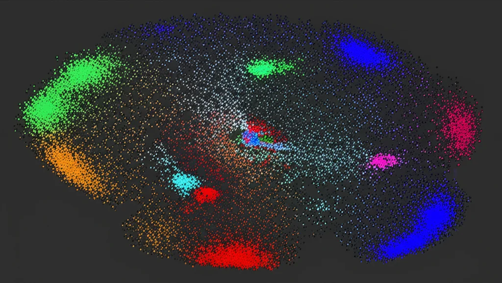 Visualizzazione grafica astratta di dati di sequenziamento RNA a singola cellula (scRNA-seq), simile a una mappa UMAP, con cluster di punti colorati che rappresentano diverse popolazioni di cellule T CD8+. Colori vivaci su sfondo scuro per evidenziare la separazione dei cluster. Concetto di bioinformatica e analisi dati complessa.