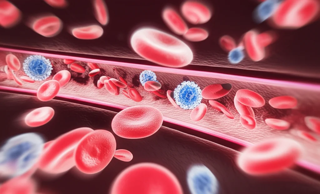 Illustrazione concettuale del sistema circolatorio umano con globuli rossi e bianchi (linfociti T CD8+ stilizzati) che fluiscono attraverso i vasi sanguigni. Alcuni linfociti appaiono 'stanchi' o alterati (colore sbiadito o forma leggermente diversa), simboleggiando la disregolazione omeostatica sistemica indotta dal cancro (CHAOS). Leggero effetto 'motion blur' per indicare il flusso, profondità di campo ridotta, obiettivo 35mm.