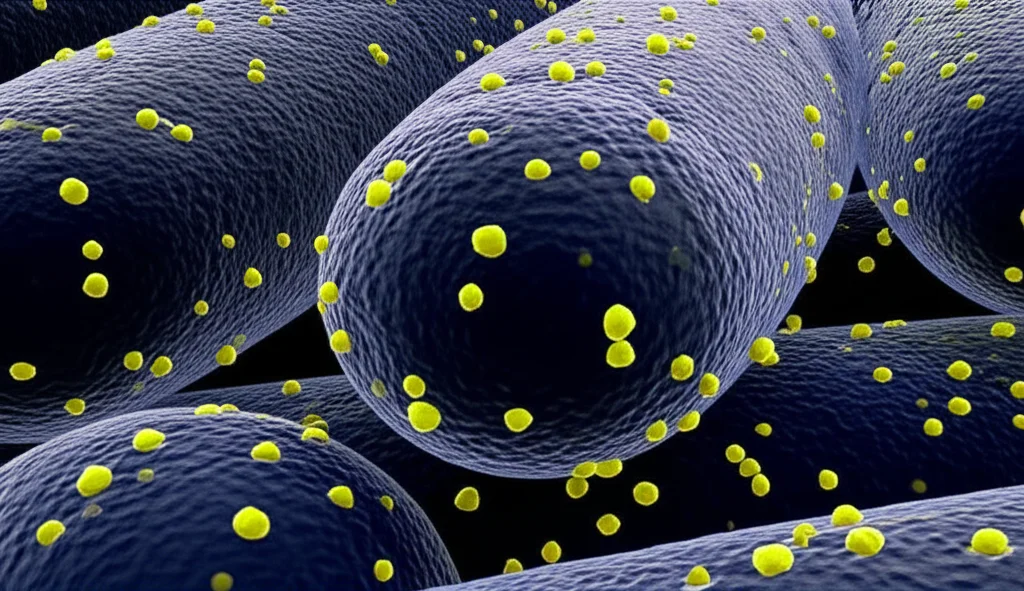 Macro fotografia, lente 100mm, che mostra nanoparticelle sferiche luminescenti (Zn/CQDs) di dimensioni variabili tra 1.6 e 5.5 nm, alcune interagiscono con membrane cellulari stilizzate di epatociti, alta definizione, illuminazione controllata per evidenziare l'interazione, sfondo scuro.