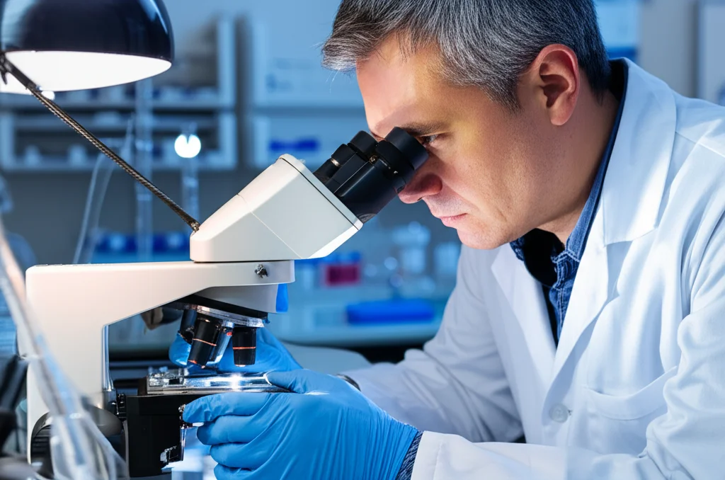 Ricercatore in un laboratorio di DNA antico, intento ad analizzare un campione di dente medievale sotto una luce focalizzata. Obiettivo macro 100mm, alta definizione dei dettagli, atmosfera scientifica e concentrata.