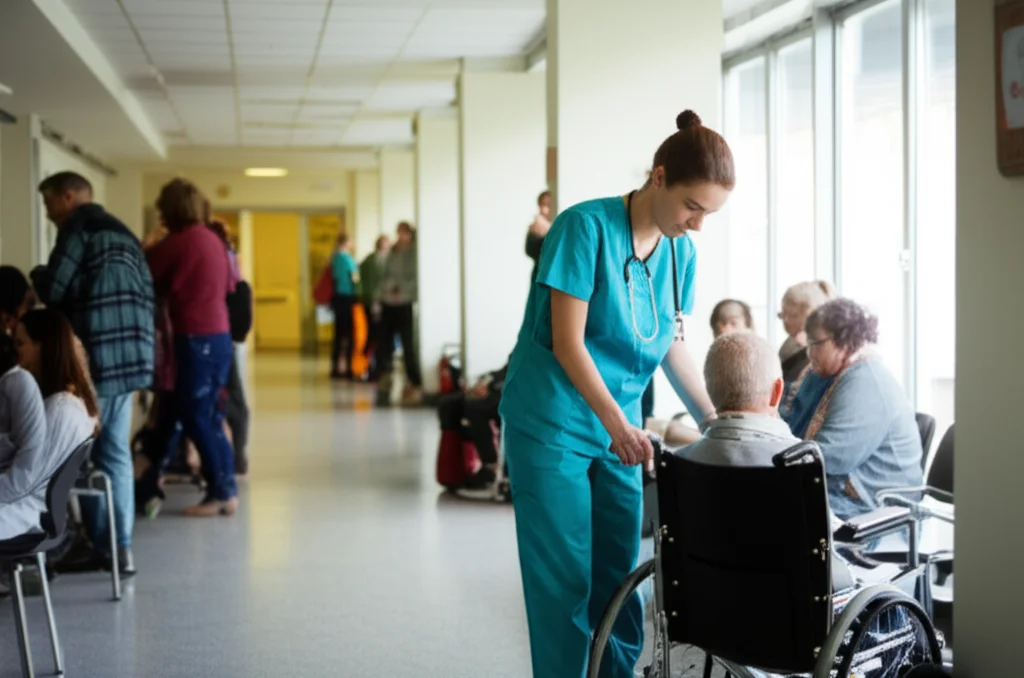Fotografia realistica di un pronto soccorso affollato ma ordinato, focus su un'infermiera che effettua il triage a un paziente seduto su una sedia a rotelle, luce controllata e naturale proveniente da una finestra, obiettivo 35mm, profondità di campo per sfocare leggermente lo sfondo caotico ma mantenendo visibili altri pazienti in attesa.