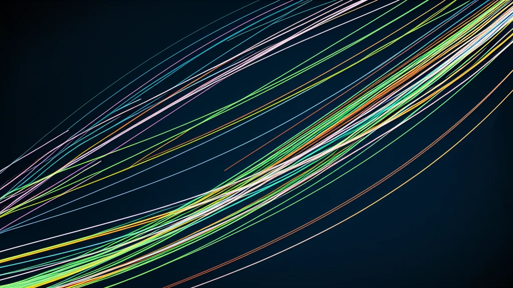 Visualizzazione astratta di linee genetiche colorate che si intrecciano, divergono e convergono su uno sfondo scuro, rappresentando la deriva genetica e i lignaggi nel tempo. Profondità di campo, colori vivaci ma scientifici.