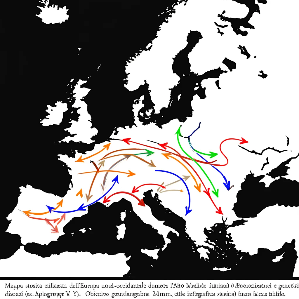 Mappa storica stilizzata dell'Europa nord-occidentale durante l'Alto Medioevo, con frecce colorate che indicano i flussi migratori e genetici discussi (es. Anglo-Sassoni, aplogruppi Y). Obiettivo grandangolare 24mm, stile infografica storica, focus nitido.
