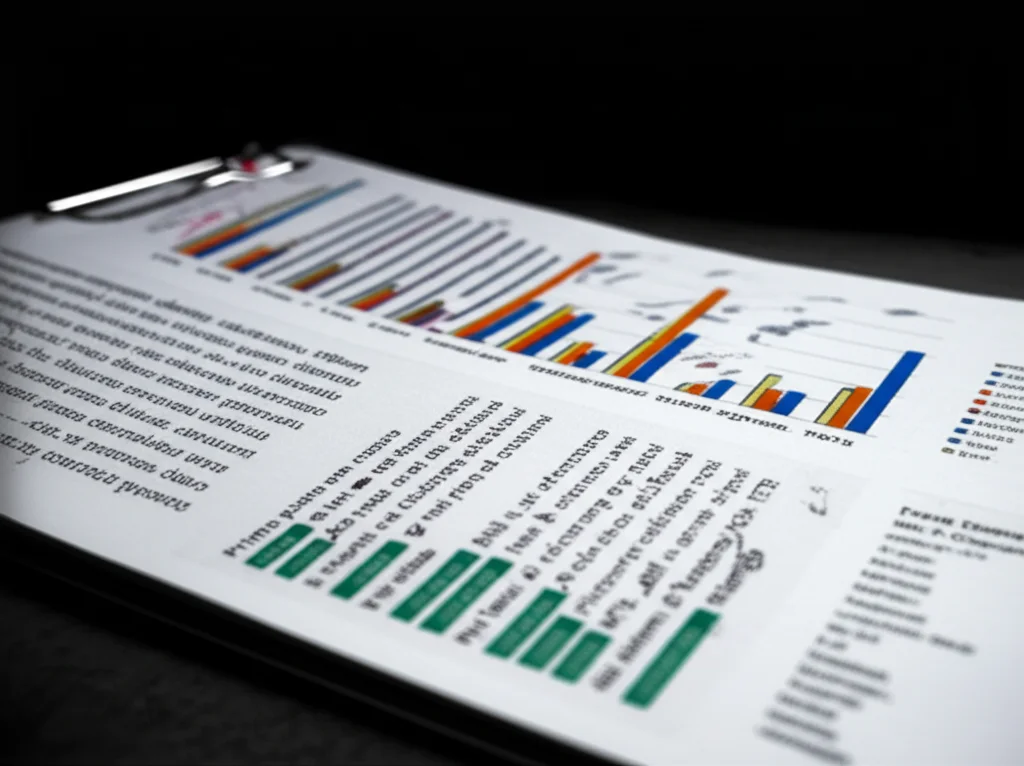 Primo piano macro, obiettivo 100mm, su una cartella clinica aperta su una scrivania in un pronto soccorso illuminato da luce artificiale controllata, con grafici a barre stilizzati che mostrano chiaramente la netta differenza nei tassi di ricovero e mortalità tra i livelli di urgenza più bassi dei sistemi ESI, MTS e NTS, alta definizione, messa a fuoco precisa sui dati comparativi.