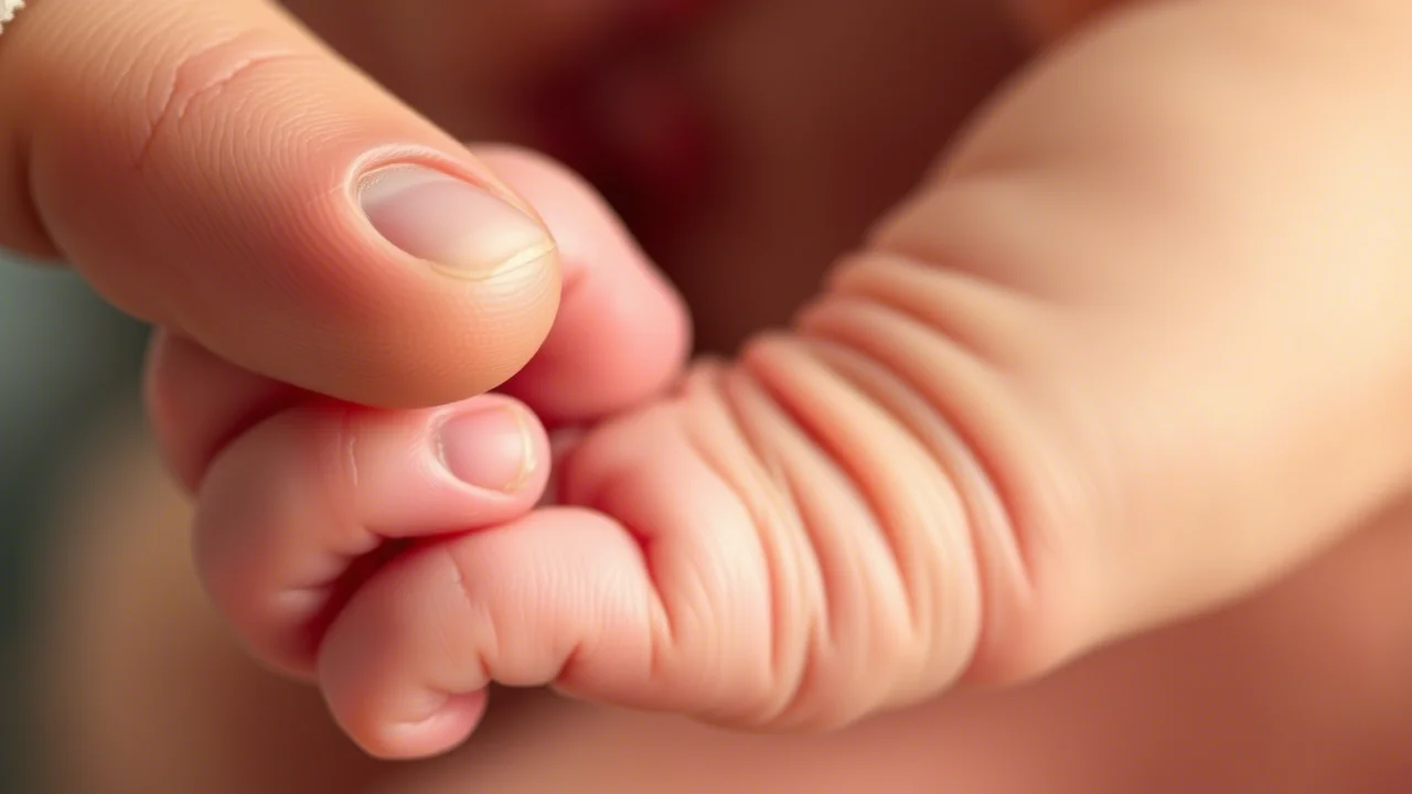 Fotografia macro di una minuscola mano di neonato che stringe delicatamente un dito adulto, illuminazione controllata, messa a fuoco precisa sui dettagli della pelle, obiettivo macro 90mm, colori caldi e tenui per trasmettere vulnerabilità e speranza.