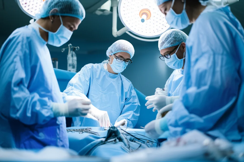 Fotografia di una sala operatoria durante un intervento chirurgico ortopedico al gomito, vista grandangolare 24mm, profondità di campo che mostra il team chirurgico concentrato, luce chirurgica intensa.