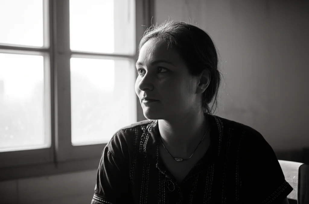 Ritratto di una giovane madre in una clinica rurale in un paese a basso reddito, guarda con speranza fuori campo, luce naturale morbida che entra da una finestra, profondità di campo ridotta, obiettivo 35mm, stile documentaristico ma empatico, bianco e nero con leggero viraggio seppia.