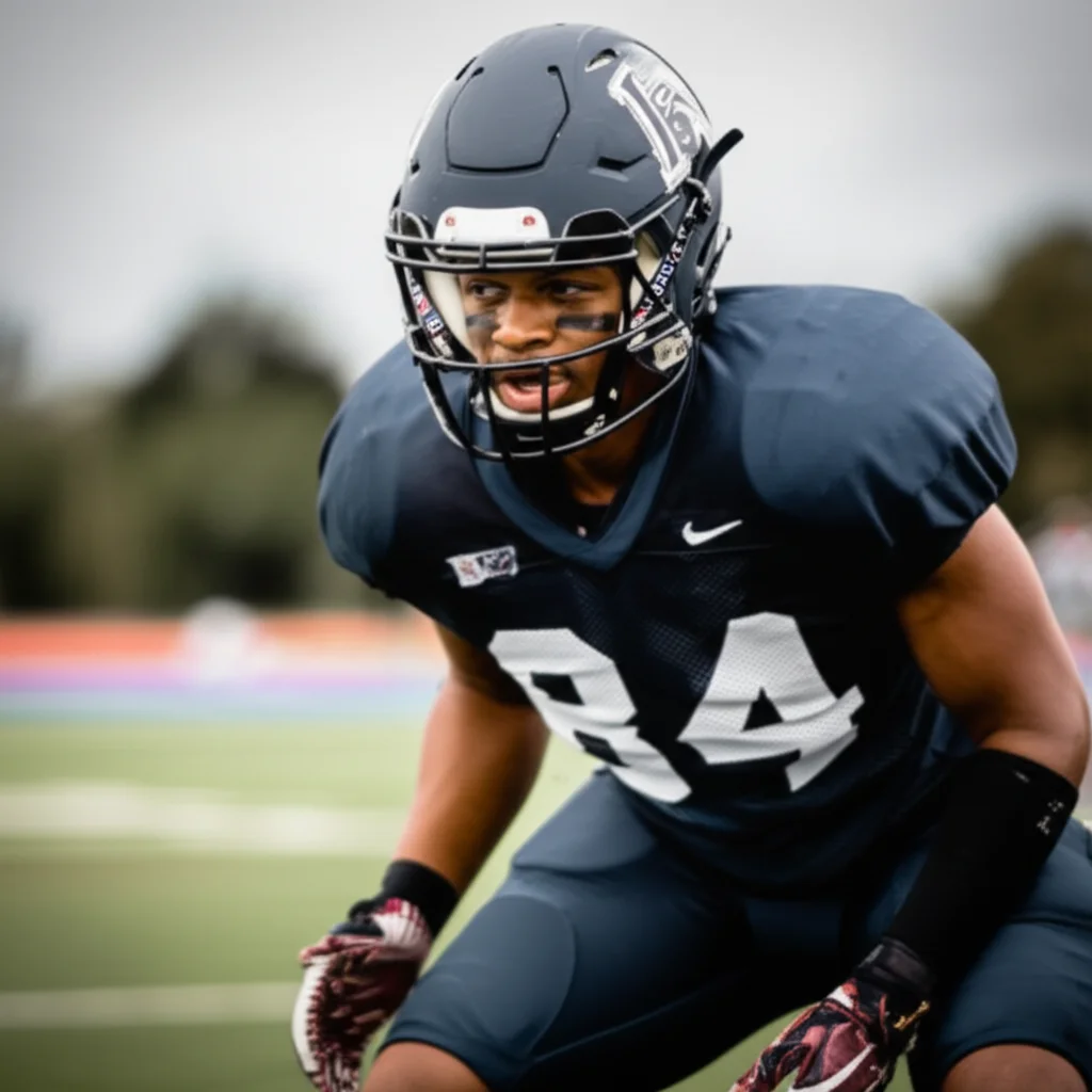 Un giovane giocatore di football americano universitario in divisa, visto da vicino durante un allenamento, concentrato. Fotografia sportiva, teleobiettivo zoom 100-400mm, fast shutter speed, action tracking, profondità di campo.