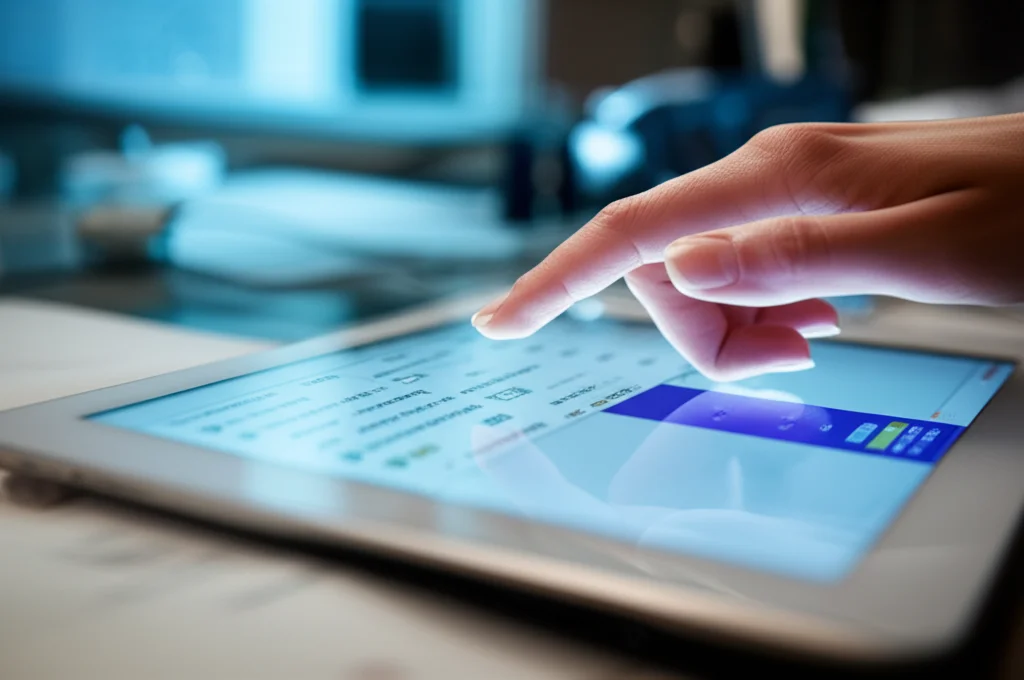 Primo piano di un tablet che mostra un test neurocognitivo, con una mano che interagisce con lo schermo in un ambiente clinico o di laboratorio. Obiettivo macro 60-105mm, high detail, precise focusing, controlled lighting.
