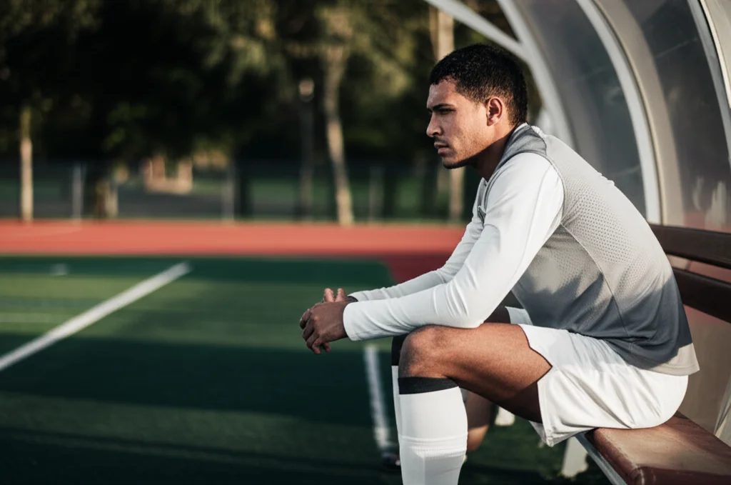 Ritratto di un atleta universitario seduto su una panchina a bordo campo, pensieroso o stanco dopo un allenamento. Prime lens 35mm, depth of field, luce naturale controllata, atmosfera riflessiva.