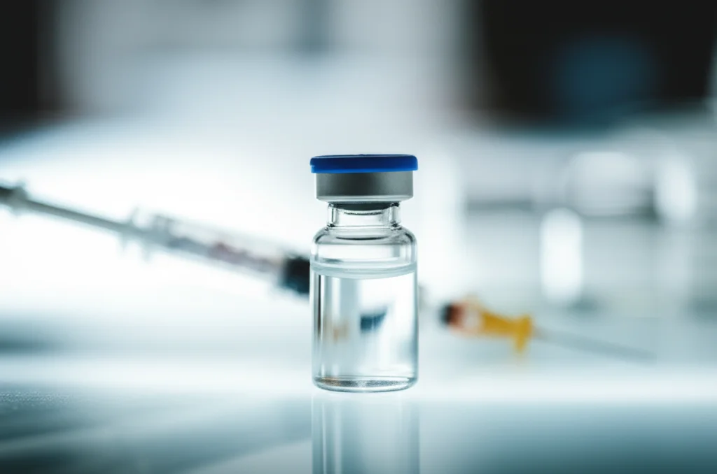 Fotografia macro di una fiala di farmaco immunoterapico appoggiata su un bancone di laboratorio sterile, con luce controllata che ne evidenzia la limpidezza. Obiettivo macro 100mm, alta definizione, messa a fuoco precisa sul liquido all'interno della fiala.