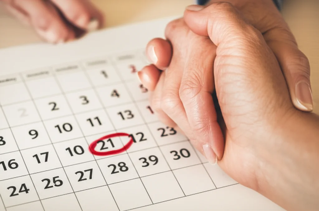 Fotografia di un calendario mensile con un solo giorno cerchiato, simboleggiante una visita medica meno frequente. Accanto, una mano di un paziente che stringe quella di un caregiver o di un medico in segno di supporto. Obiettivo prime 35mm, profondità di campo per sfocare leggermente lo sfondo, toni caldi e rassicuranti.