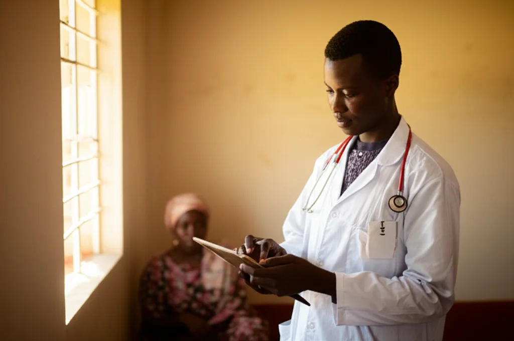 Fotografia realistica di un operatore sanitario in Burkina Faso che utilizza un tablet per inserire dati nutrizionali in un centro sanitario rurale. Obiettivo prime 35mm, luce naturale controllata che entra da una finestra, profondità di campo che sfoca leggermente lo sfondo della clinica, toni caldi.