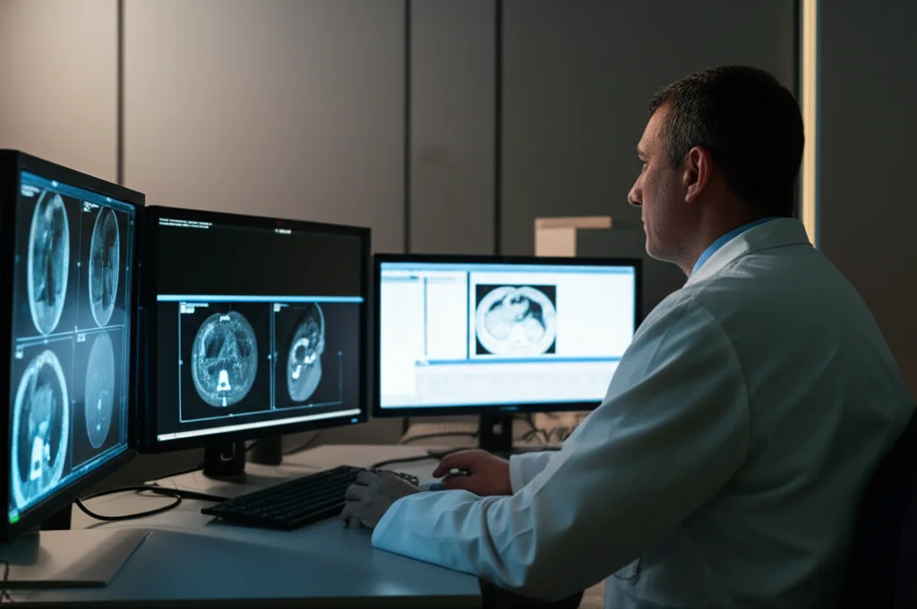 Immagine fotorealistica, obiettivo grandangolare 24mm, che mostra un radiologo concentrato mentre esamina attentamente delle scansioni TAC addominali su monitor multipli in una stanza di refertazione poco illuminata, focus nitido sugli schermi che mostrano dettagli del grasso mesenterico.