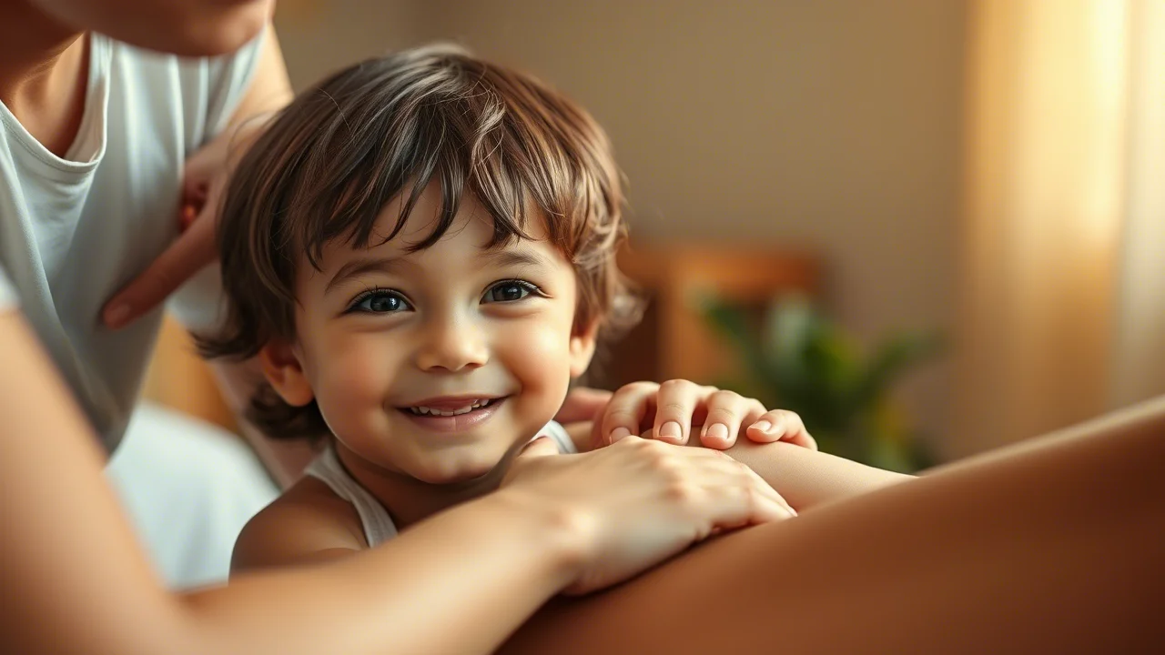 Un bambino piccolo sorridente riceve un massaggio Tuina sul braccio da un adulto, luce naturale morbida, obiettivo prime 35mm, profondità di campo, colori caldi e naturali, focus sull'interazione.
