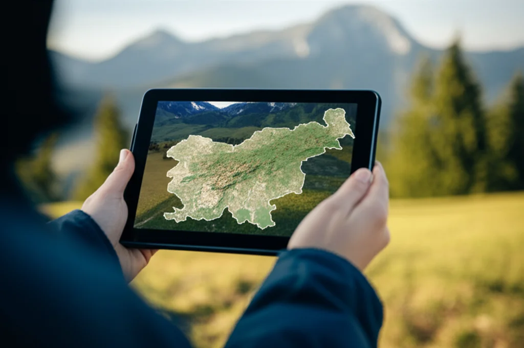 Fotografia paesaggistica, mappa climatica della Slovenia visualizzata su un tablet tenuto in mano da un ricercatore in un ambiente esterno naturale sloveno, obiettivo prime 35mm, profondità di campo ridotta per sfocare lo sfondo alpino, luce naturale morbida del mattino.