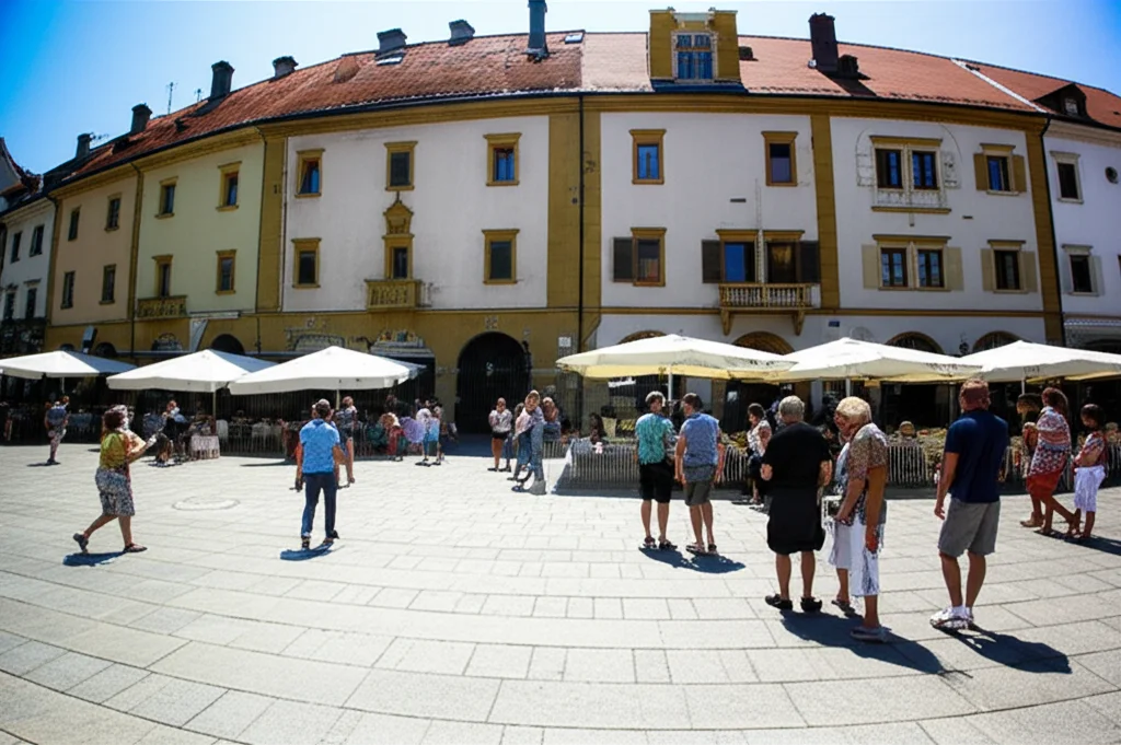 Fotografia urbana, piazza centrale di Novo Mesto in una giornata estiva molto calda, persone cercano ombra sotto gli ombrelloni dei caffè, obiettivo grandangolare 24mm, luce solare intensa crea forti contrasti, focus nitido sull'architettura e sulle persone.