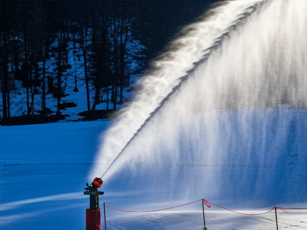 Fotografia sportiva, impianto di innevamento artificiale in funzione su una pista da sci quasi priva di neve naturale nelle Alpi slovene, teleobiettivo 150mm, luce fredda dell'alba invernale, tracciamento del movimento dell'acqua nebulizzata, velocità otturatore media per mostrare il getto.