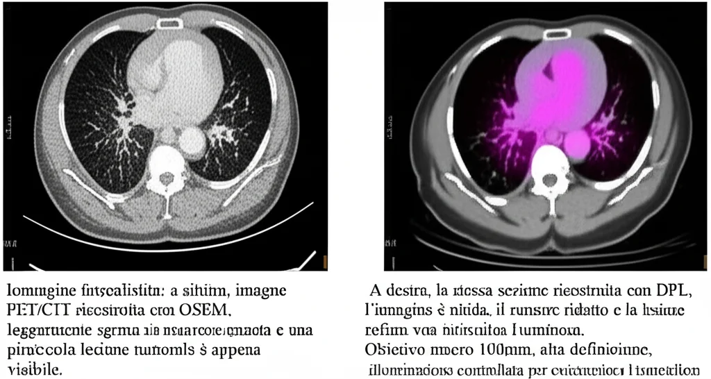 Immagine fotorealistica split: a sinistra, una sezione di immagine PET/CT ricostruita con OSEM, appare leggermente sgranata e una piccola lesione tumorale è appena visibile. A destra, la stessa sezione ricostruita con DPL, l'immagine è nitida, il rumore ridotto e la lesione è chiaramente definita e luminosa. Obiettivo macro 100mm, alta definizione, illuminazione controllata per evidenziare i dettagli medici.