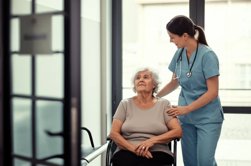 Fotografia realistica di un pronto soccorso moderatamente affollato, un'anziana signora dall'aria stanca ma composta siede su una sedia a rotelle vicino all'uscita, assistita da un'infermiera sorridente. Luce al neon mista a luce diurna da una finestra. Obiettivo 35mm, profondità di campo media che mostra l'ambiente ospedaliero ma mantiene il focus sulle due figure.