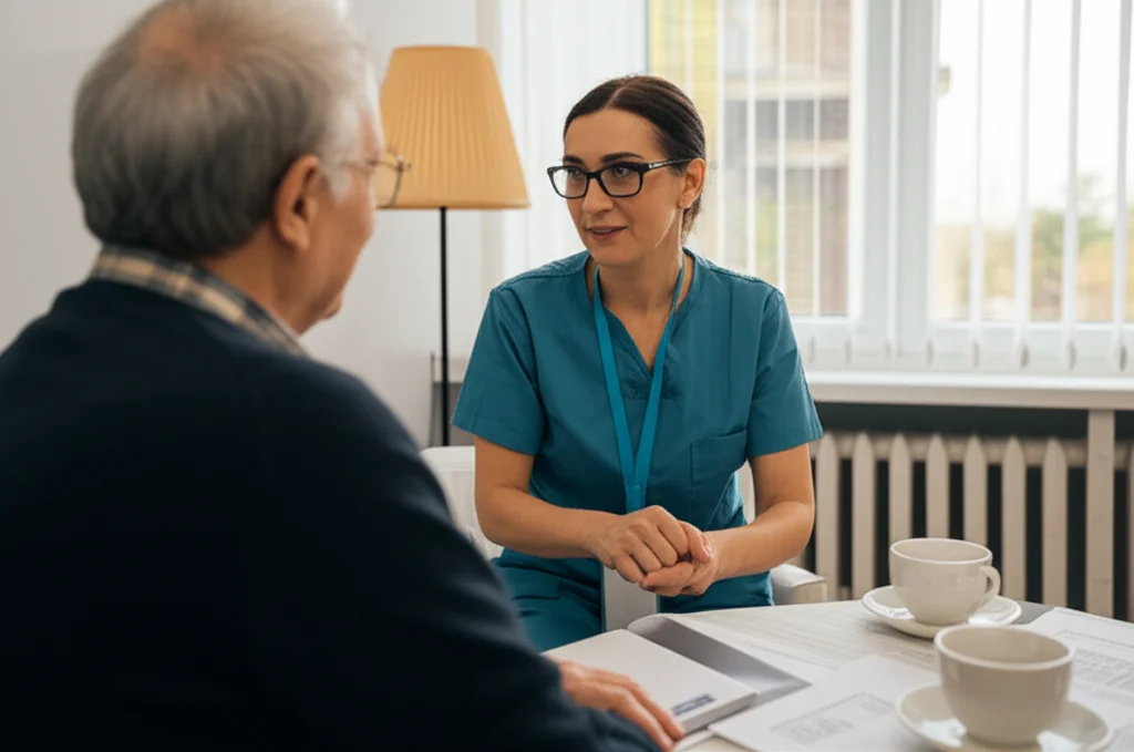 Immagine fotorealistica di un'infermiera geriatrica che effettua una visita a domicilio. È seduta di fronte a un uomo anziano nel suo salotto, stanno conversando amichevolmente. Sul tavolino ci sono dei documenti e una tazza di tè. Luce naturale soffusa da una finestra laterale. Obiettivo 50mm prime, profondità di campo ridotta per focalizzare sui due soggetti, atmosfera calda e di fiducia.