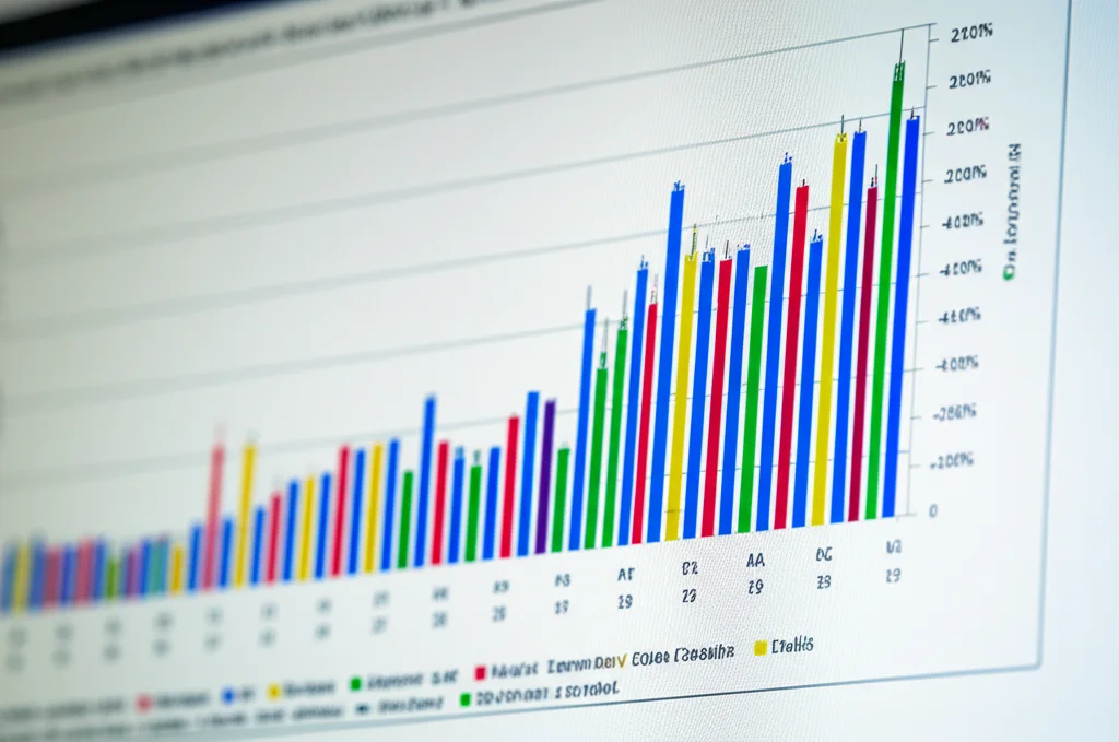 Macro fotografia di dati sanitari anonimizzati visualizzati su uno schermo di computer. Grafici a linee e barre colorate che mostrano trend e confronti. Messa a fuoco selettiva su una parte del grafico. Illuminazione da ufficio controllata, obiettivo macro 100mm, alta definizione dei dettagli numerici e grafici.