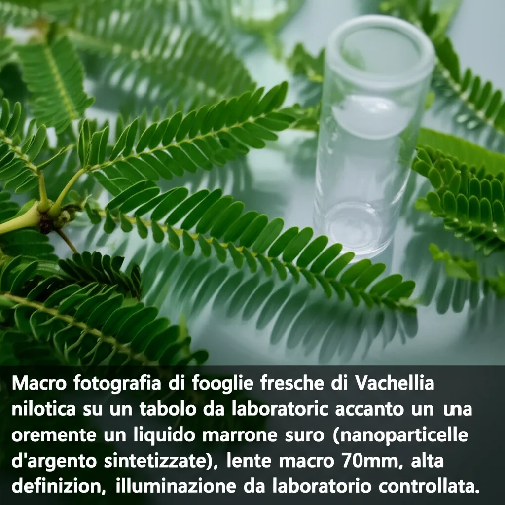 Macro fotografia di foglie fresche di Vachellia nilotica su un tavolo da laboratorio accanto a una beuta contenente un liquido marrone scuro (nanoparticelle d'argento sintetizzate), lente macro 70mm, alta definizione, illuminazione da laboratorio controllata.