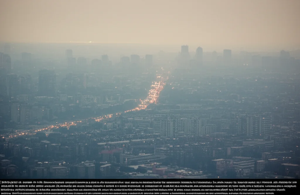 Fotografia aerea di una città densamente popolata durante un'ondata di calore estiva, con foschia da inquinamento visibile. Obiettivo zoom teleobiettivo 200mm, scatto rapido per congelare il traffico sottostante, tracciamento del movimento leggero, colori leggermente desaturati per l'effetto foschia.