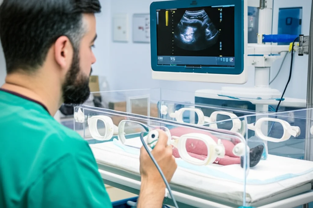 Fotografia di un medico che esegue un'ecografia polmonare su un neonato in incubatrice, vista laterale, focus sull'interfaccia sonda-paziente e sullo schermo dell'ecografo che mostra artefatti polmonari (linee B), luce ambientale della NICU, obiettivo zoom 24-70mm impostato a circa 50mm, alta definizione per dettagli clinici.