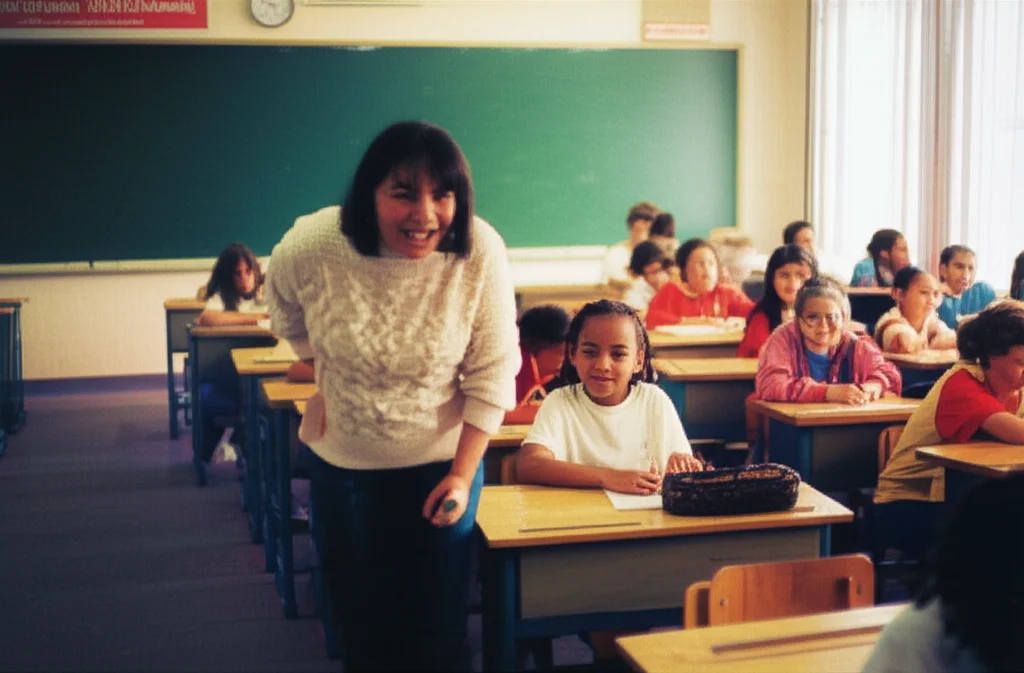Ritratto di un'insegnante sorridente che osserva i suoi alunni durante un'attività di movimento consapevole in classe. Obiettivo prime 35mm, profondità di campo che sfoca leggermente lo sfondo, luce calda e accogliente, stile filmico.