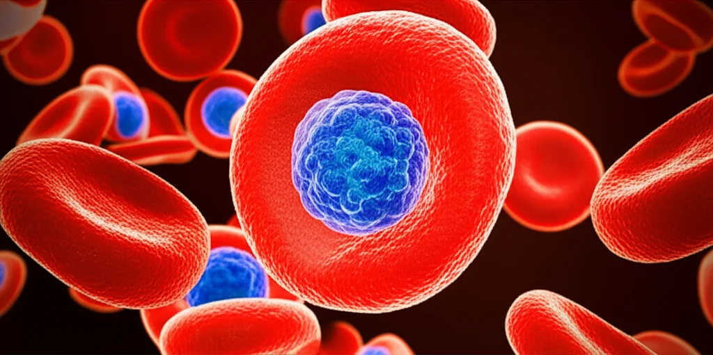 Immagine macro di una goccia di sangue su una superficie di laboratorio sterile, messa a fuoco precisa sui globuli rossi e bianchi visibili, illuminazione controllata laterale per creare ombre e profondità, lente macro 100mm, simbolo della biopsia liquida e della ricerca sul ctDNA.